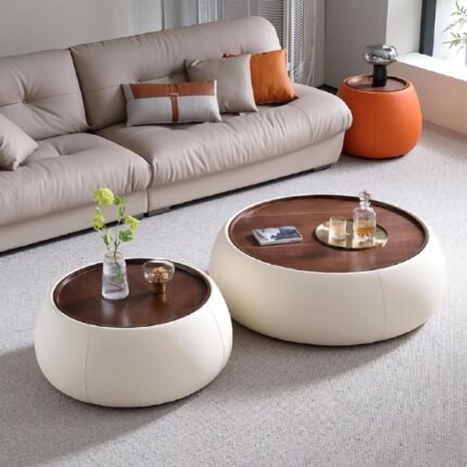 Contemporary Wooden and White Round Coffee Table