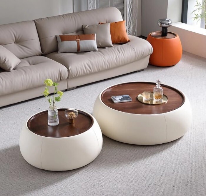 Contemporary Wooden and White Round Coffee Table