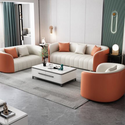 Contemporary Beige and Orange Sofa Set