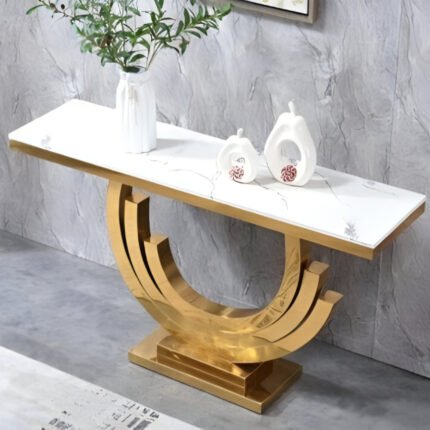 Crescent Chic White Marble and Golden Console Table