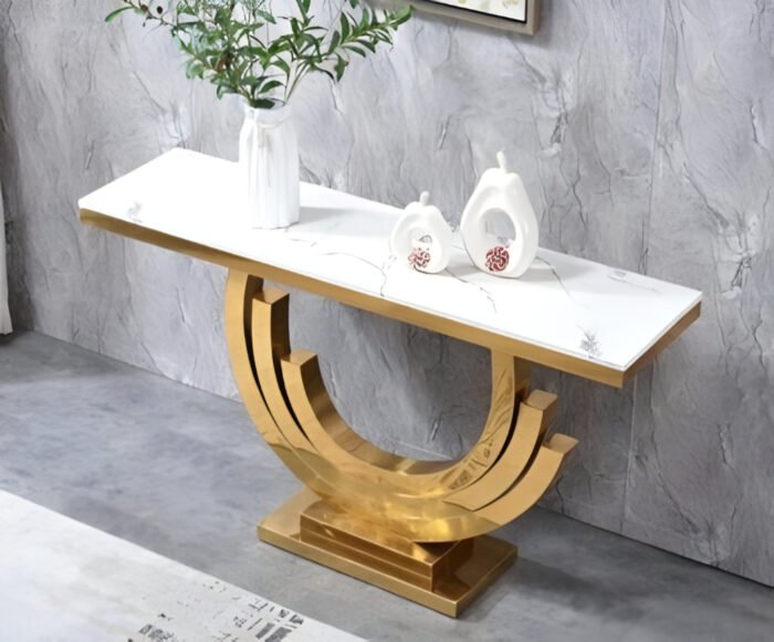 Crescent Chic White Marble and Golden Console Table
